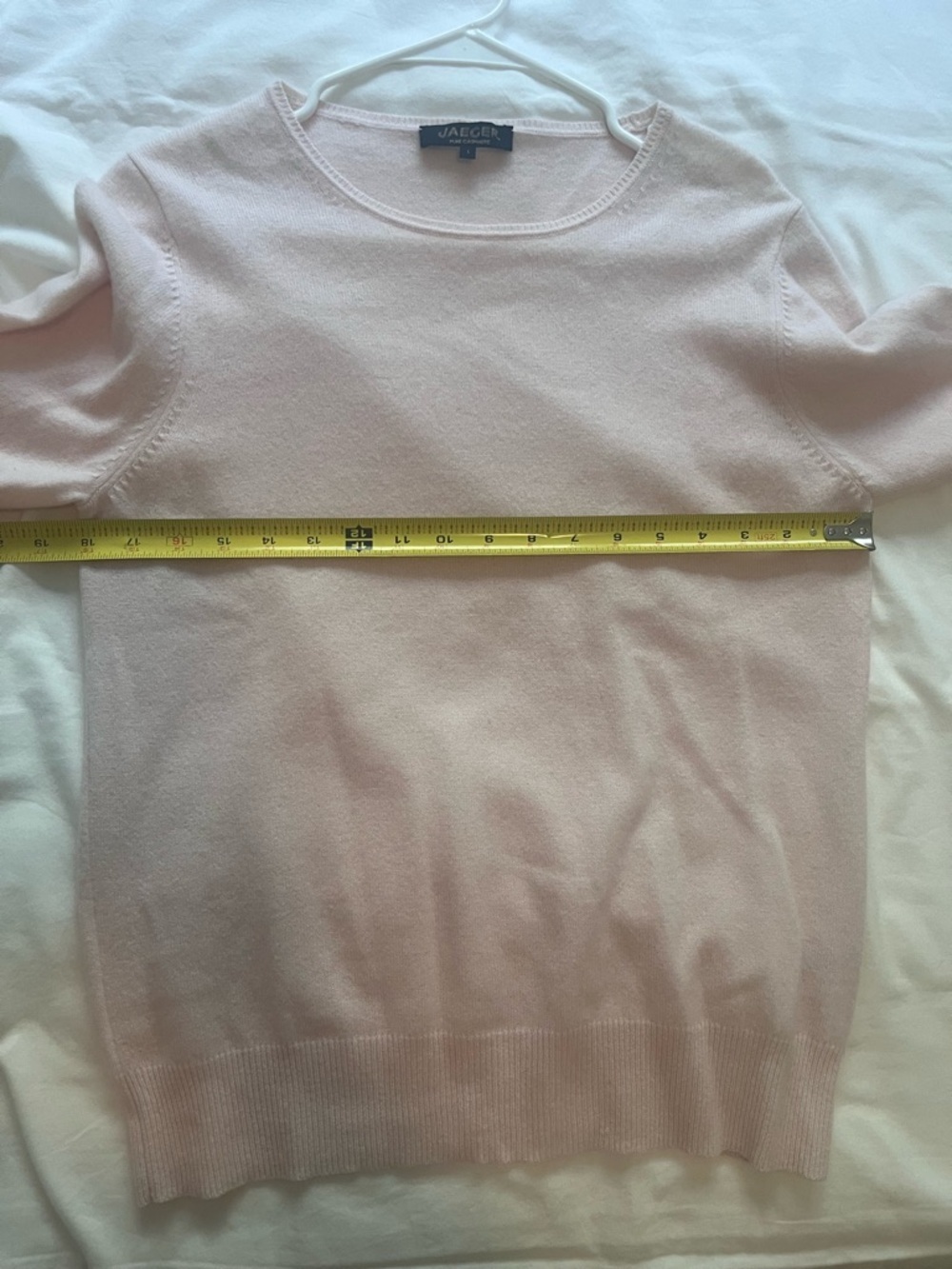 Jaeger Pure Cashmere Jumper Crewneck Sweater Pale Pink Ribbed Cuffs Large Flawed - Picture 7 of 9